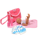 Unicorn Doll Diaper Travel Bag with Doll Care Accessories, Including Pampers, Baby Lotion, Powder, and Changing Mat