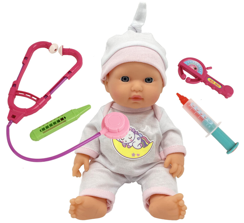 10" Baby Doll Doctor Set for Kids – Playset Pack with Checkup Accessories & Newborn Doll in Unicorn Hospital Clothes