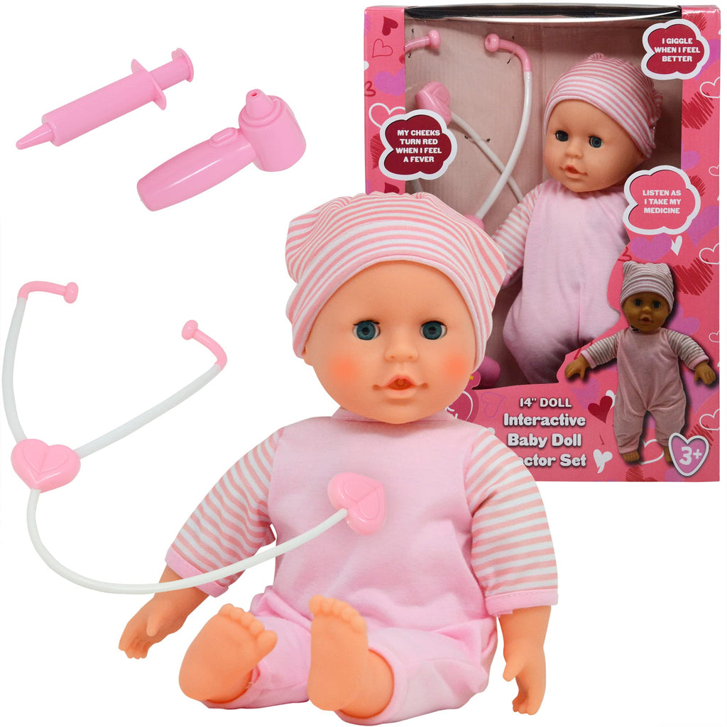 Interactive Talking Baby Doll Doctor Set Toy Pack for Kids – 14” Doll with Lights, Sound Effects, Pretend Play Dr Checkup Accessories – Pink