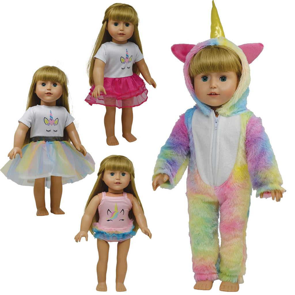 Doll Unicorn Clothes Dresses and Pajamas Onesie Outfit Set - fits 18 Inch Dolls