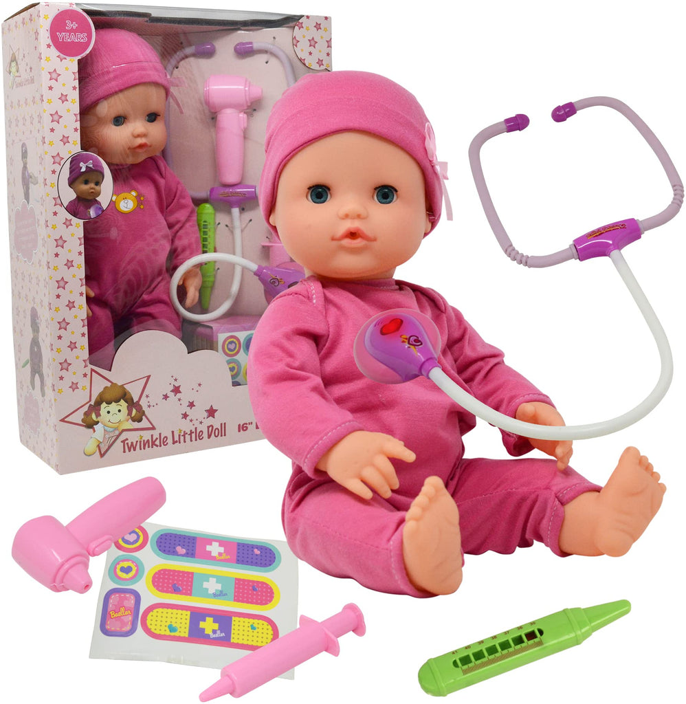 Interactive 16” Baby Doll Toy Doctor Kit with Light Up Heartbeat Sound Stethoscope