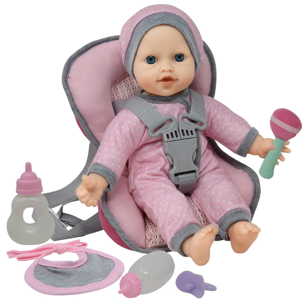 Doll Car Seat Carrier Backpack with 12 Inch Soft Body Doll Includes Doll Bottles and Toy Accessories (Caucasian)