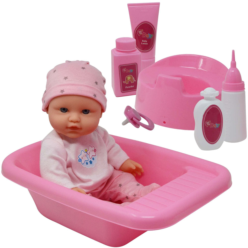 Baby Doll Bath Set with Bathtub & Playtime Accessories – with 12” Doll 8pc Pink Play Kit