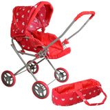 Heart Printed Doll Bassinet Stroller with Travel Carry Bag for 18 Inch Dolls