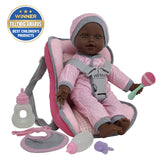 Baby Doll Car Seat Carrier Backpack with 12 Inch Soft Body Doll Includes Doll Bottles and Toy Accessories (African American)