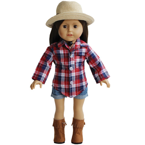 18" Doll Country Girl- Plaid Blouse, Jean shorts Hats and Boots