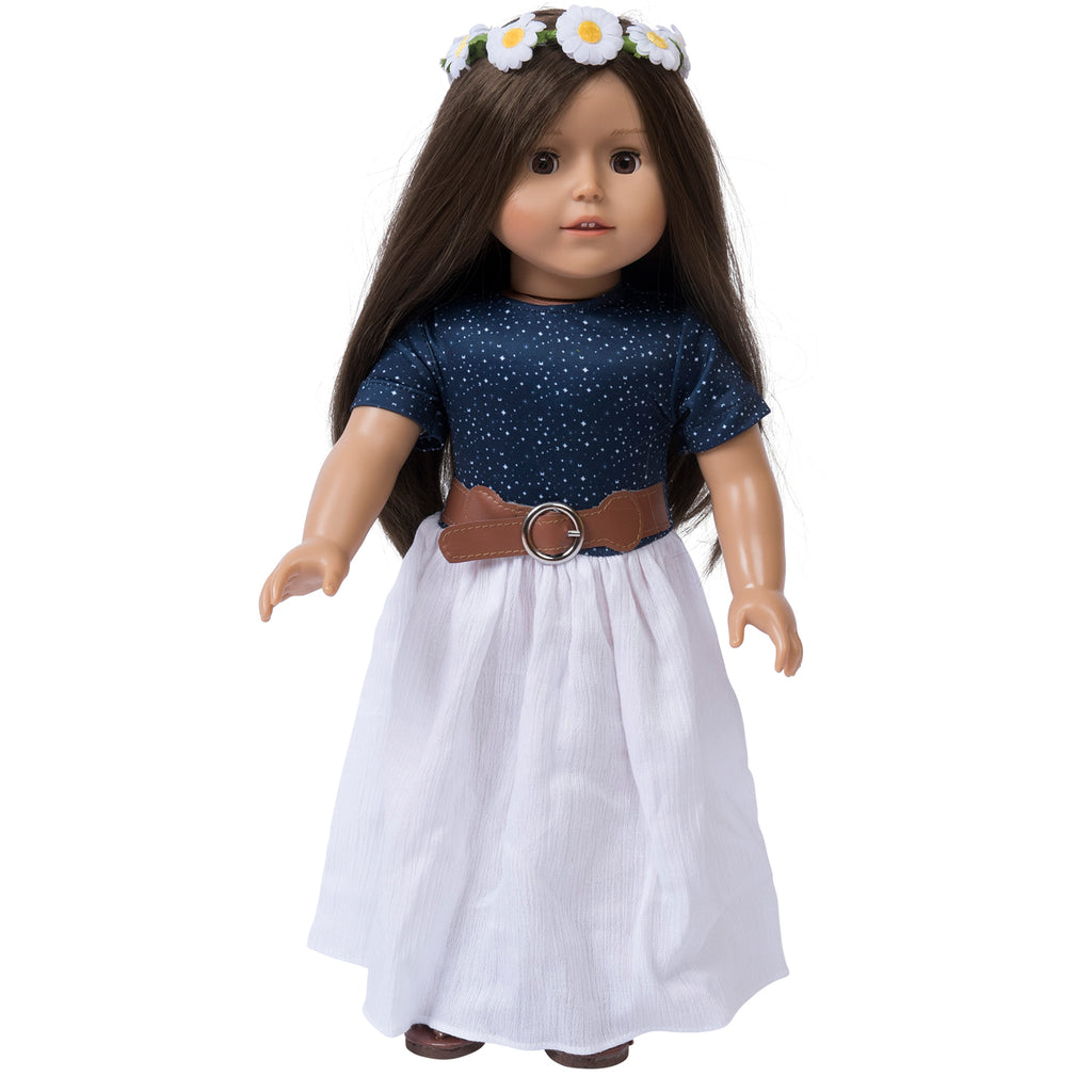 Complete Dolls Outfit Includes – Dolls Maxi Dress – Dolls Sandals – Wreath and Belt - Fits All 18 inchDolls