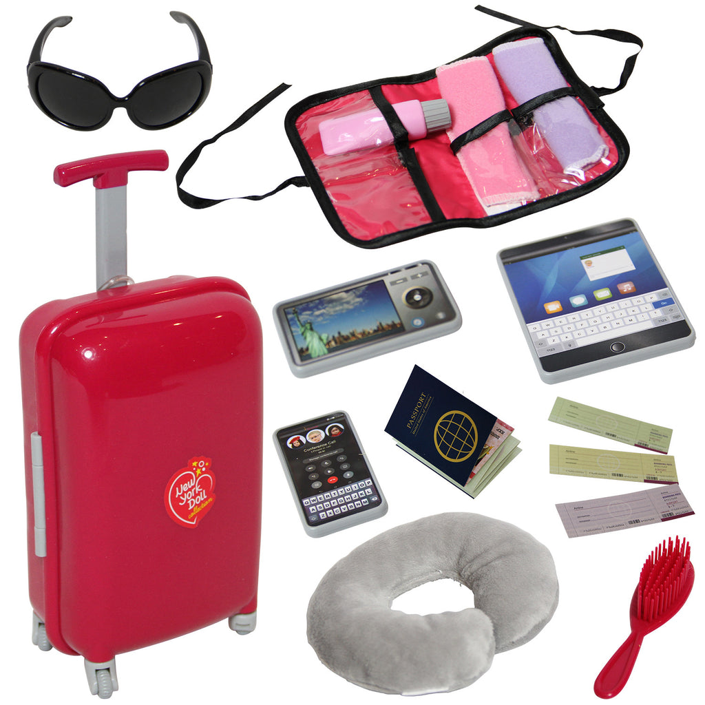Doll Travel Suitcase Carry on Luggage, Ticket, Passport and 12 Accessories -for 18 Inch Dolls